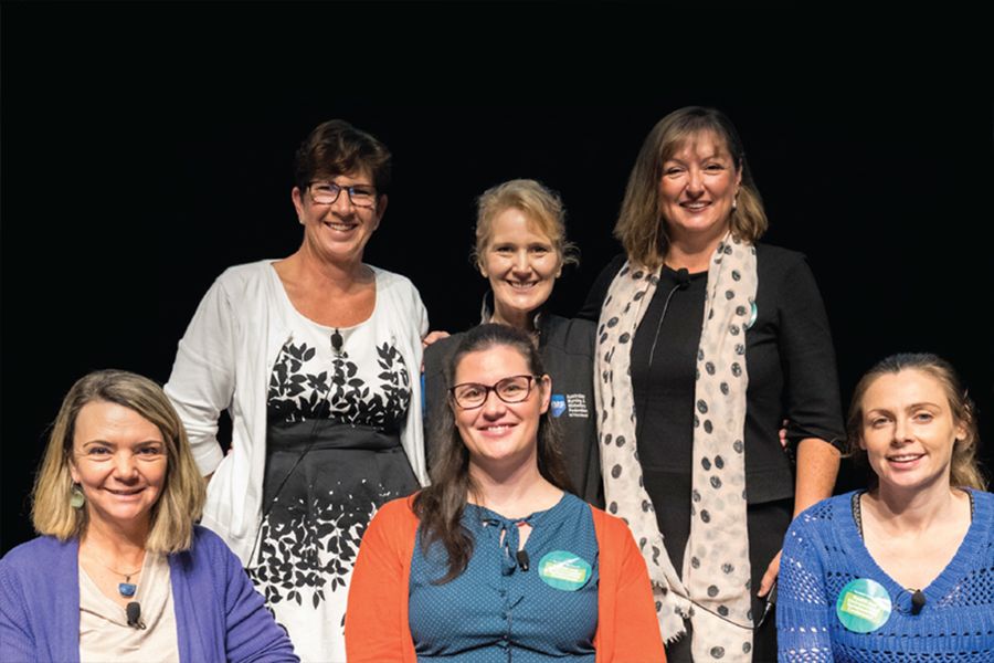 ANMF member sustainability activists: Susan, ANMF environmental health officer Ros Morgan and Vivien. Pictured front row: Wendi, Natalie, and Emily.