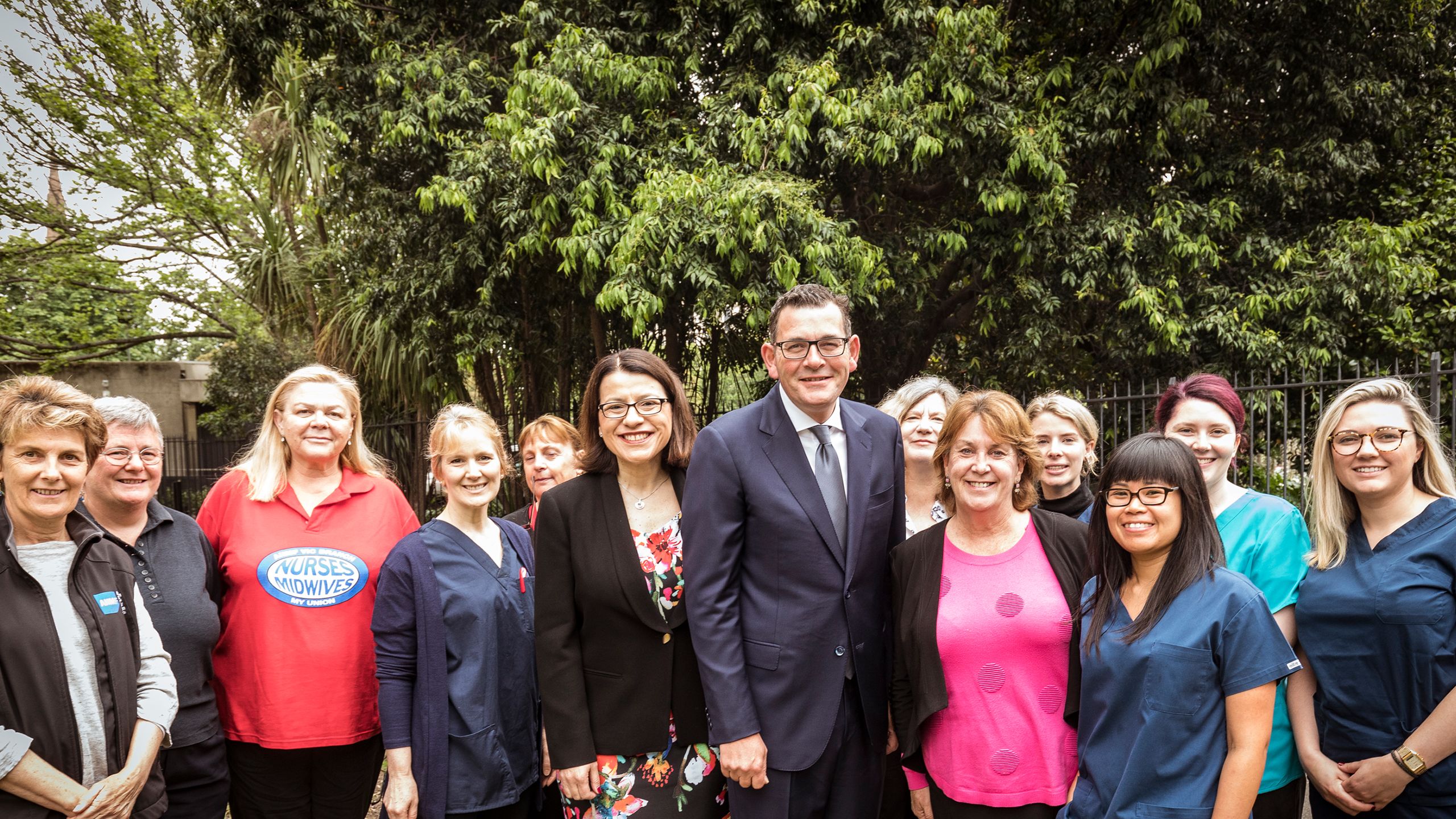 Premier Daniel Andrews, Health Minister Jenny Mikakos, with nurses and midwives, announcing the ratio amendment bill would be introduced on the first day of the 59th Victorian Parliament. Photo Chris Hopkins
