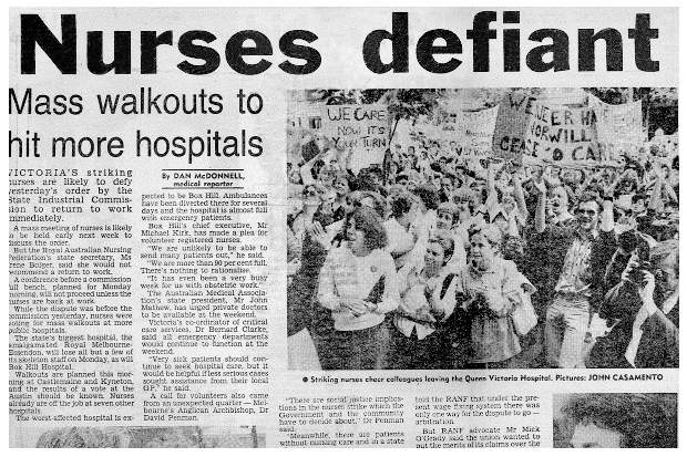 The Sun, 8 November 1986. Nurses defy Industrial Relations Commission &amp;nbsp;order to return to work&amp;nbsp;