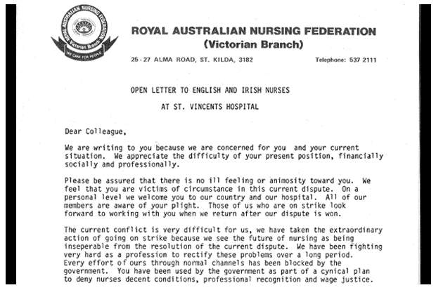 RANF member&#39;s letter to English and Irish nurses brought in by the government