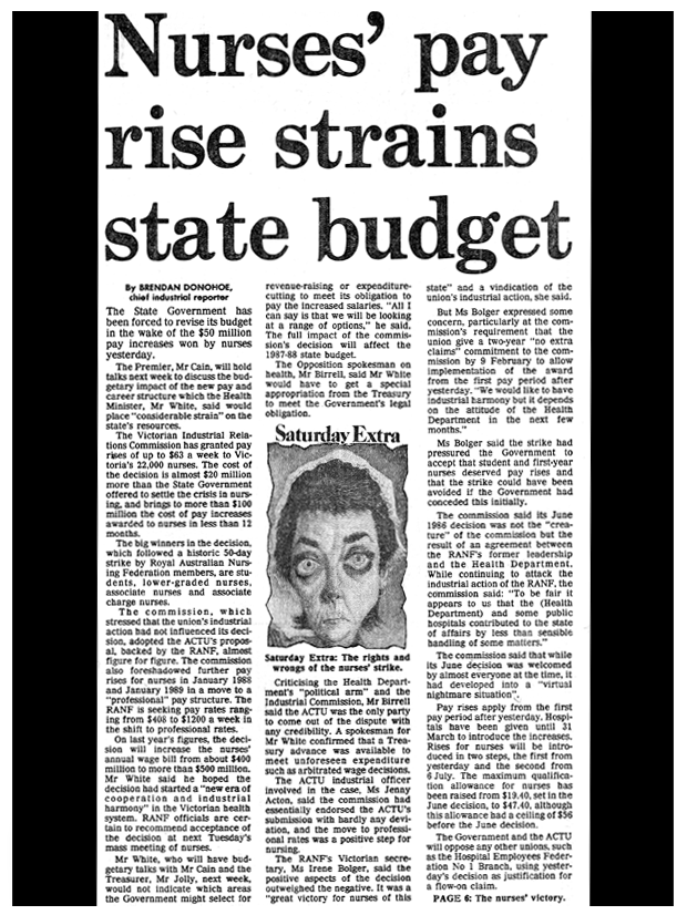 Articles from The Age , 24 January 1987: &#39;Decision recognises changes&#39;, &#39;New salaries for nurses on the way&#39;, &#39;Nurses&#39; pay rise strains state budget&#39;