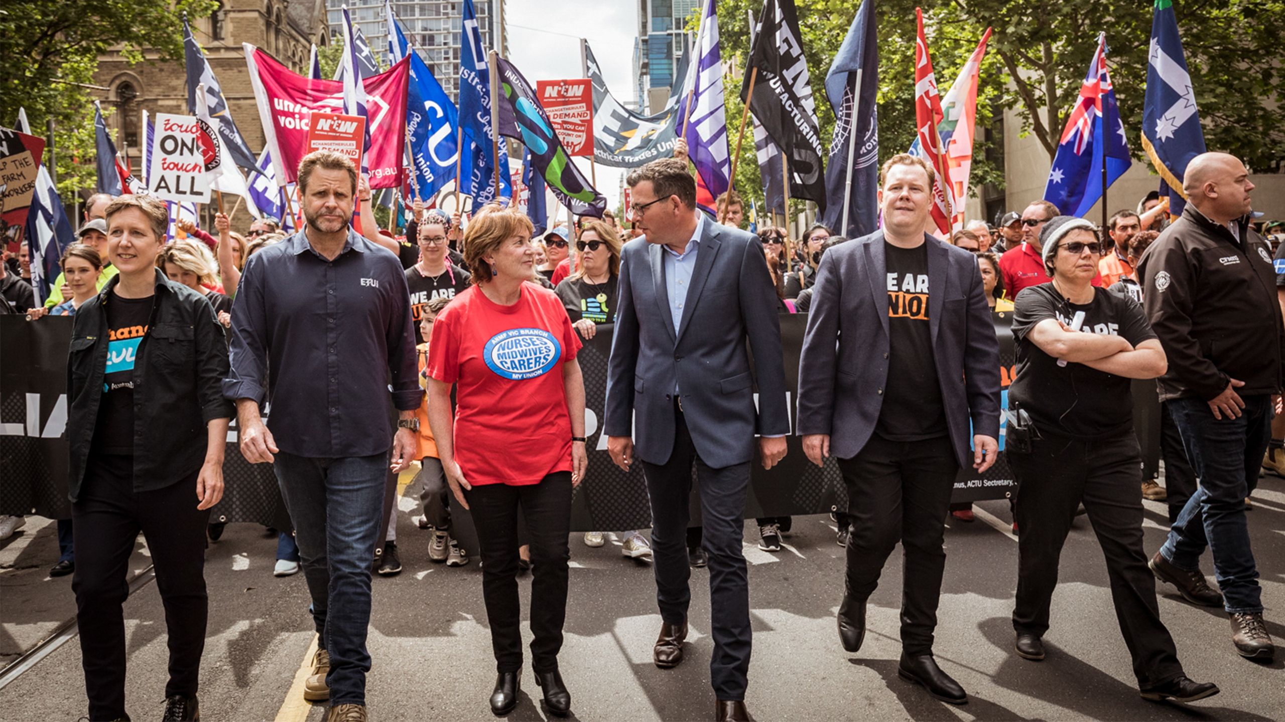 Union leaders including ANMF (Vic Branch) Secretary Lisa Fitzpatrick and Premier Daniel Andrews at October's 'Change the Rules' march